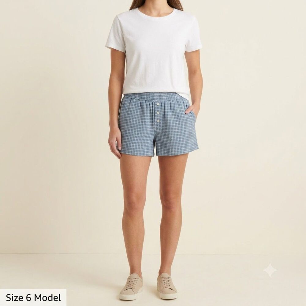 Habitual Blue Plaid Shorts Women's Size 6 Elastic Waist Pockets 100% Cotton NWT